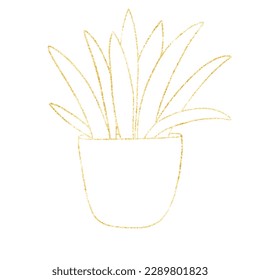 Gold sparkling ornament. Golden spring flowers line art hand-drawn nature plant painting .