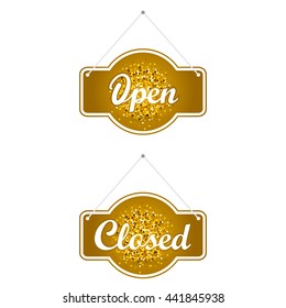 Gold sparkling ribbon with the inscription Open and Closed. Gold vector illustration. Open sign for shop and cafe