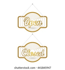 Gold sparkling ribbon with the inscription Open and Closed. Gold vector illustration. Open sign for shop and cafe