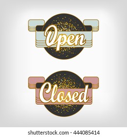 Gold sparkling ribbon with the inscription Open and Closed. Gold vector illustration. Open sign for shop and cafe
