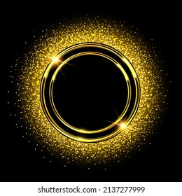 Gold sparkling ring with glitter on black background. Vector luxury and shiny golden button.