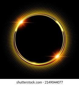 Gold sparkling ring with glitter on black background. Vector shiny button with golden halftone, dots pattern around, vector illustration.