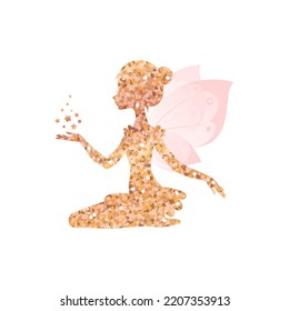 Gold sparkling silhouette. Illustration of a sitting fairy with star dust in the cartoon style isolated on a white background. Vector 10 EPS.