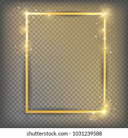 The gold sparkling square frame on a transparent background. Shiny vector illustration