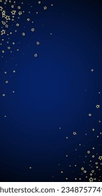 Gold sparkling star confetti. Chaotic dreamy childish overlay template. Festive stars vector illustration on dark blue background.