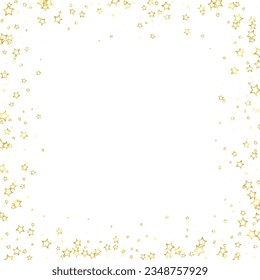 Gold sparkling star confetti. Chaotic dreamy childish overlay template. Festive stars vector illustration on white background.