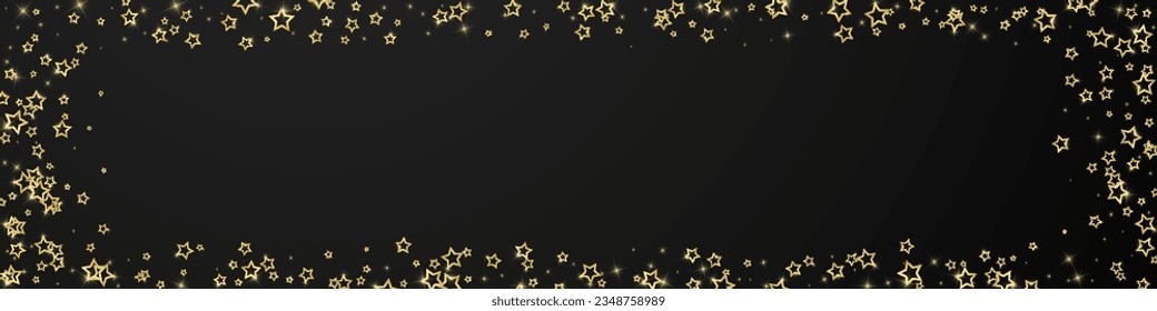 Gold sparkling star confetti. Chaotic dreamy childish overlay template. Festive stars vector illustration on black background.