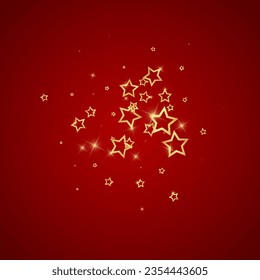 Gold sparkling star confetti. Chaotic dreamy childish overlay template. Festive stars vector illustration on red background.