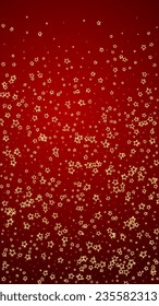 Gold sparkling star confetti. Chaotic dreamy childish overlay template. Festive stars vector illustration on red background.