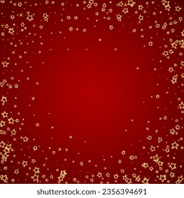 Gold sparkling star confetti. Chaotic dreamy childish overlay template. Festive stars vector illustration on red background.