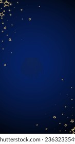 Gold sparkling star confetti. Chaotic dreamy childish overlay template. Festive stars vector illustration on dark blue background.
