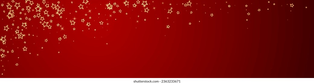 Gold sparkling star confetti. Chaotic dreamy childish overlay template. Festive stars vector illustration on red background.