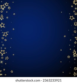 Gold sparkling star confetti. Chaotic dreamy childish overlay template. Festive stars vector illustration on dark blue background.