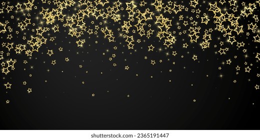 Gold sparkling star confetti. Chaotic dreamy childish overlay template. Festive stars vector illustration on black background.