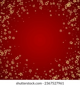 Gold sparkling star confetti. Chaotic dreamy childish overlay template. Festive stars vector illustration on red background.