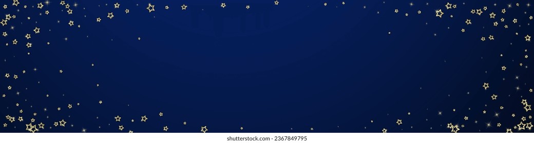 Gold sparkling star confetti. Chaotic dreamy childish overlay template. Festive stars vector illustration on dark blue background.