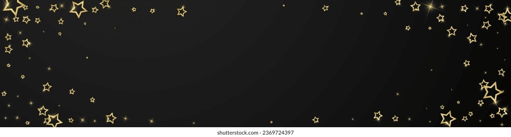 Gold sparkling star confetti. Chaotic dreamy childish overlay template. Festive stars vector illustration on black background.