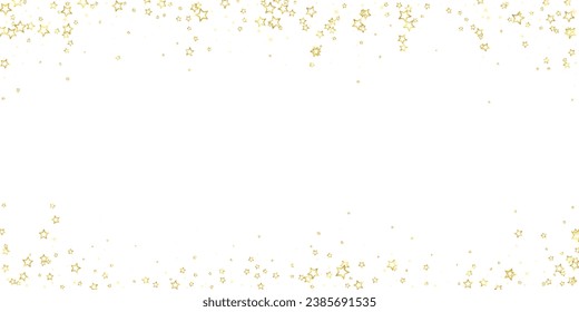 Gold sparkling star confetti. Chaotic dreamy childish overlay template. Festive stars vector illustration on white background.