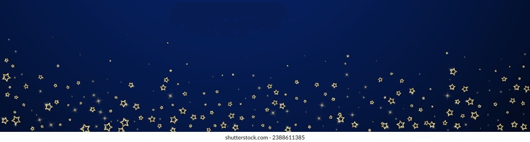 Gold sparkling star confetti. Chaotic dreamy childish overlay template. Festive stars vector illustration on dark blue background.