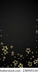 Gold sparkling star confetti. Chaotic dreamy childish overlay template. Festive stars vector illustration on black background.