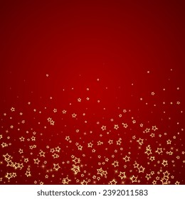 Gold sparkling star confetti. Chaotic dreamy childish overlay template. Festive stars vector illustration on red background.