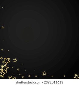 Gold sparkling star confetti. Chaotic dreamy childish overlay template. Festive stars vector illustration on black background.