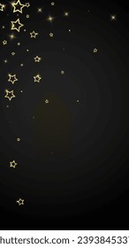 Gold sparkling star confetti. Chaotic dreamy childish overlay template. Festive stars vector illustration on black background.