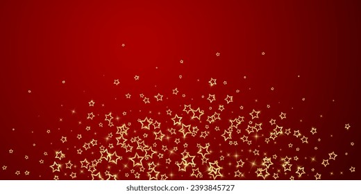Gold sparkling star confetti. Chaotic dreamy childish overlay template. Festive stars vector illustration on red background.