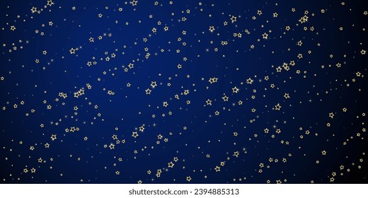 Gold sparkling star confetti. Chaotic dreamy childish overlay template. Festive stars vector illustration on dark blue background.