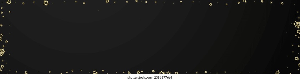 Gold sparkling star confetti. Chaotic dreamy childish overlay template. Festive stars vector illustration on black background.