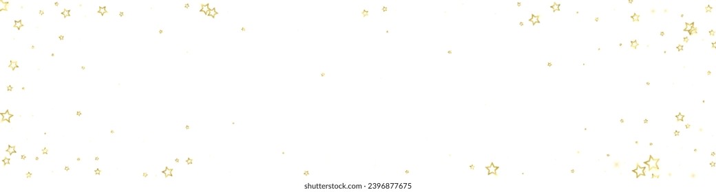 Gold sparkling star confetti. Chaotic dreamy childish overlay template. Festive stars vector illustration on white background.