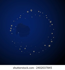 Gold sparkling star confetti. Chaotic dreamy childish overlay template. Festive stars vector illustration on dark blue background.