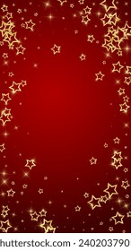 Gold sparkling star confetti. Chaotic dreamy childish overlay template. Festive stars vector illustration on red background.