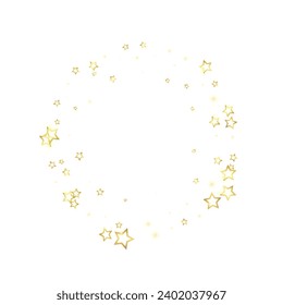 Gold sparkling star confetti. Chaotic dreamy childish overlay template. Festive stars vector illustration on white background.