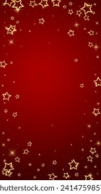 Gold sparkling star confetti. Chaotic dreamy childish overlay template. Festive stars vector illustration on red background.