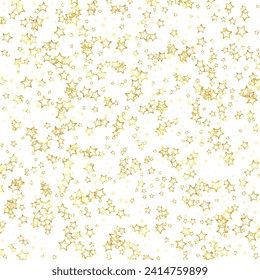 Gold sparkling star confetti. Chaotic dreamy childish overlay template. Festive stars vector illustration on white background.