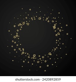 Gold sparkling star confetti. Chaotic dreamy childish overlay template. Festive stars vector illustration on black background.