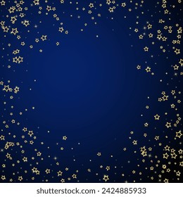 Gold sparkling star confetti. Chaotic dreamy childish overlay template. Festive stars vector illustration on dark blue background.