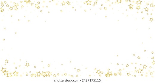 Gold sparkling star confetti. Chaotic dreamy childish overlay template. Festive stars vector illustration on white background.