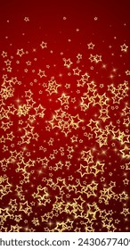 Gold sparkling star confetti. Chaotic dreamy childish overlay template. Festive stars vector illustration on red background.