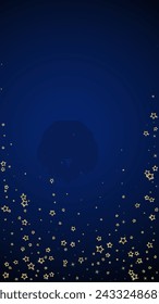 Gold sparkling star confetti. Chaotic dreamy childish overlay template. Festive stars vector illustration on dark blue background.