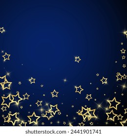 Gold sparkling star confetti. Chaotic dreamy childish overlay template. Festive stars vector illustration on dark blue background.