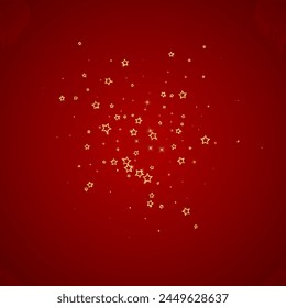 Gold sparkling star confetti. Chaotic dreamy childish overlay template. Festive stars vector illustration on red background.
