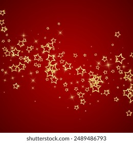 Gold sparkling star confetti. Chaotic dreamy childish overlay template. Festive stars vector illustration on red background.