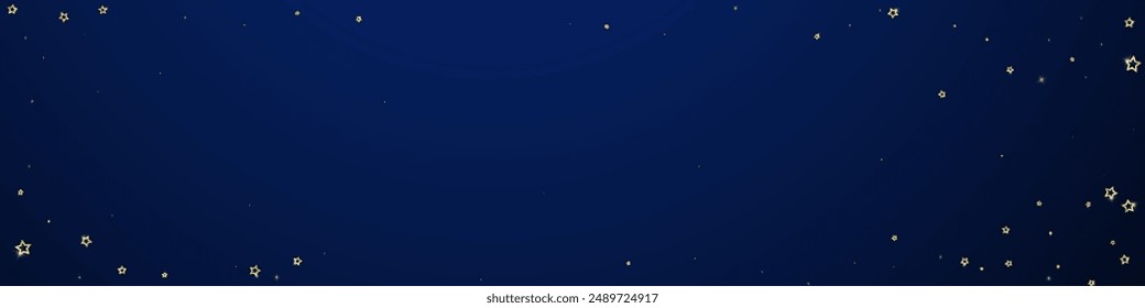 Gold sparkling star confetti. Chaotic dreamy childish overlay template. Festive stars vector illustration on dark blue background.