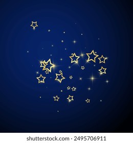 Gold sparkling star confetti. Chaotic dreamy childish overlay template. Festive stars vector illustration on dark blue background.
