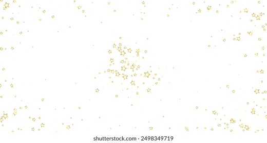 Gold sparkling star confetti. Chaotic dreamy childish overlay template. Festive stars vector illustration on white background.