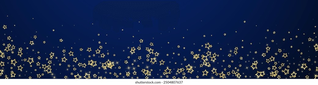 Gold sparkling star confetti. Chaotic dreamy childish overlay template. Festive stars vector illustration on dark blue background.