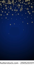 Gold sparkling star confetti. Chaotic dreamy childish overlay template. Festive stars vector illustration on dark blue background.