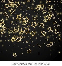 Gold sparkling star confetti. Chaotic dreamy childish overlay template. Festive stars vector illustration on black background.